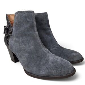 Vionic Naomi Grey Suede Snakeskin Booties Women's Block Heel Buckle Side 9.5